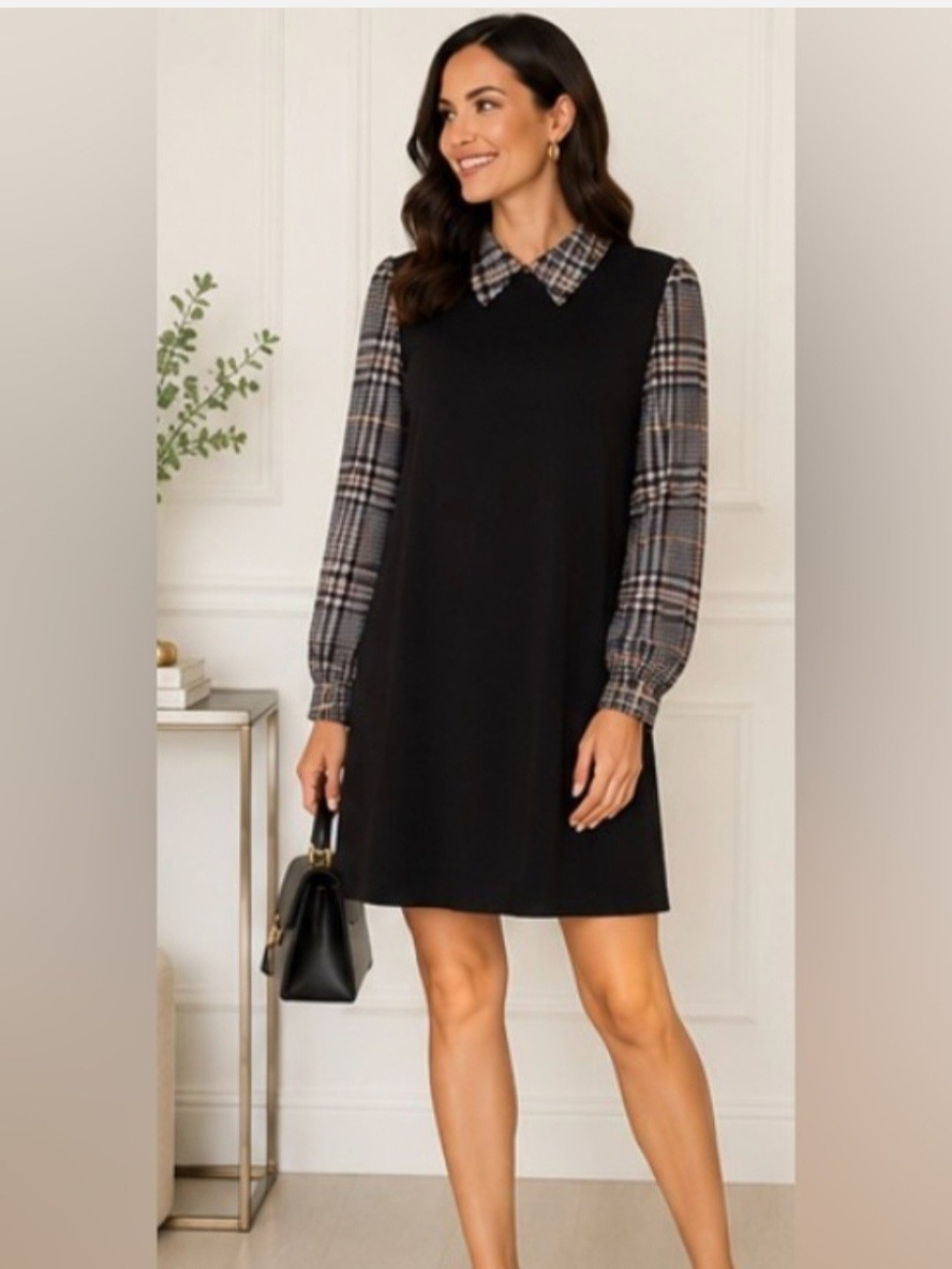 Shelby & Palmer Black Shift Dress with Plaid Sleeves Size 14